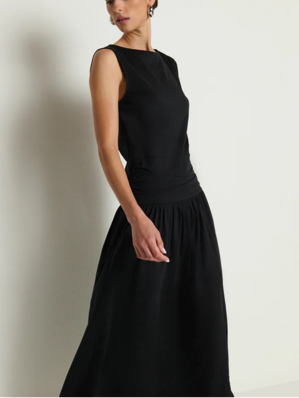 NWT Nation LA 100% Pima Cotton Cleo Midi Dress Drop Waist in Jet Black